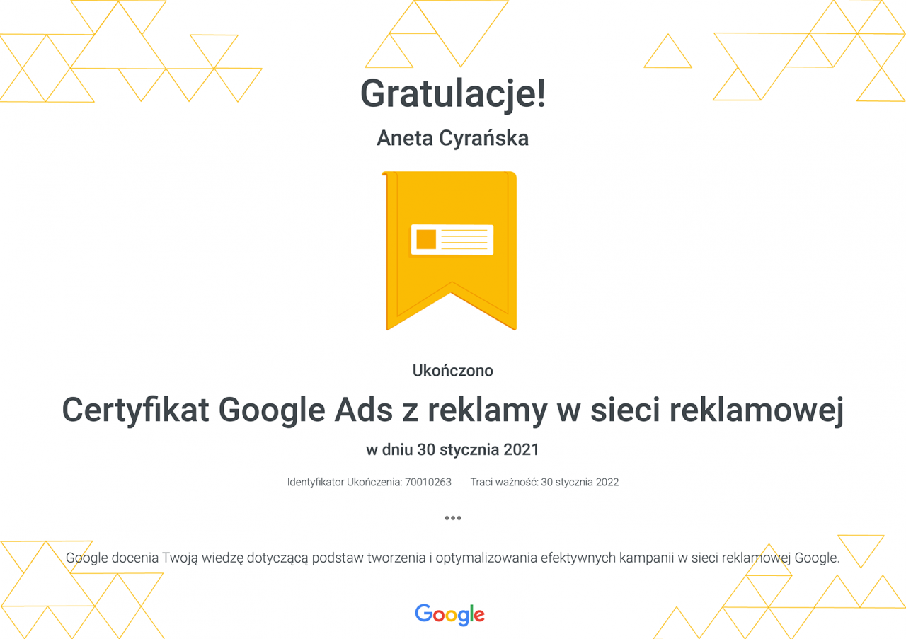 Certyfikat Google Ads z reklamy w sieci reklamowej _ Google