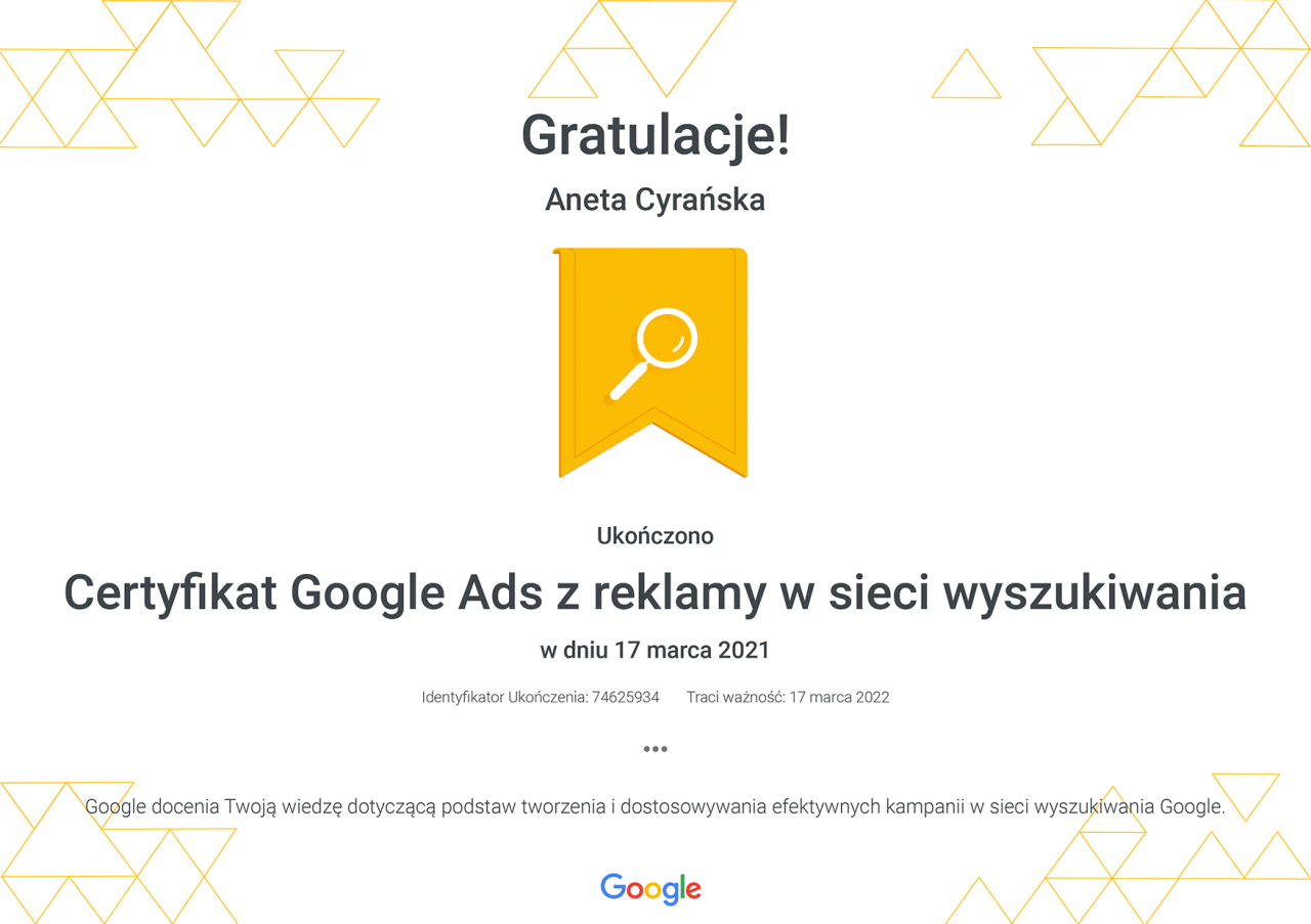 Certyfikat Google Ads z reklamy w sieci wyszukiwania _ Google