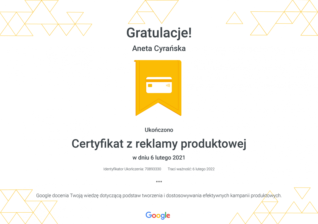 Certyfikat z reklamy produktowej _ Google